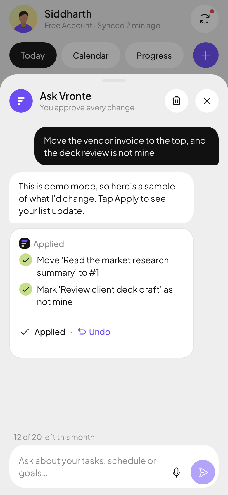The Vronte chat after applying two changes: one task moved to number 1 and another marked not mine, with an Undo link.