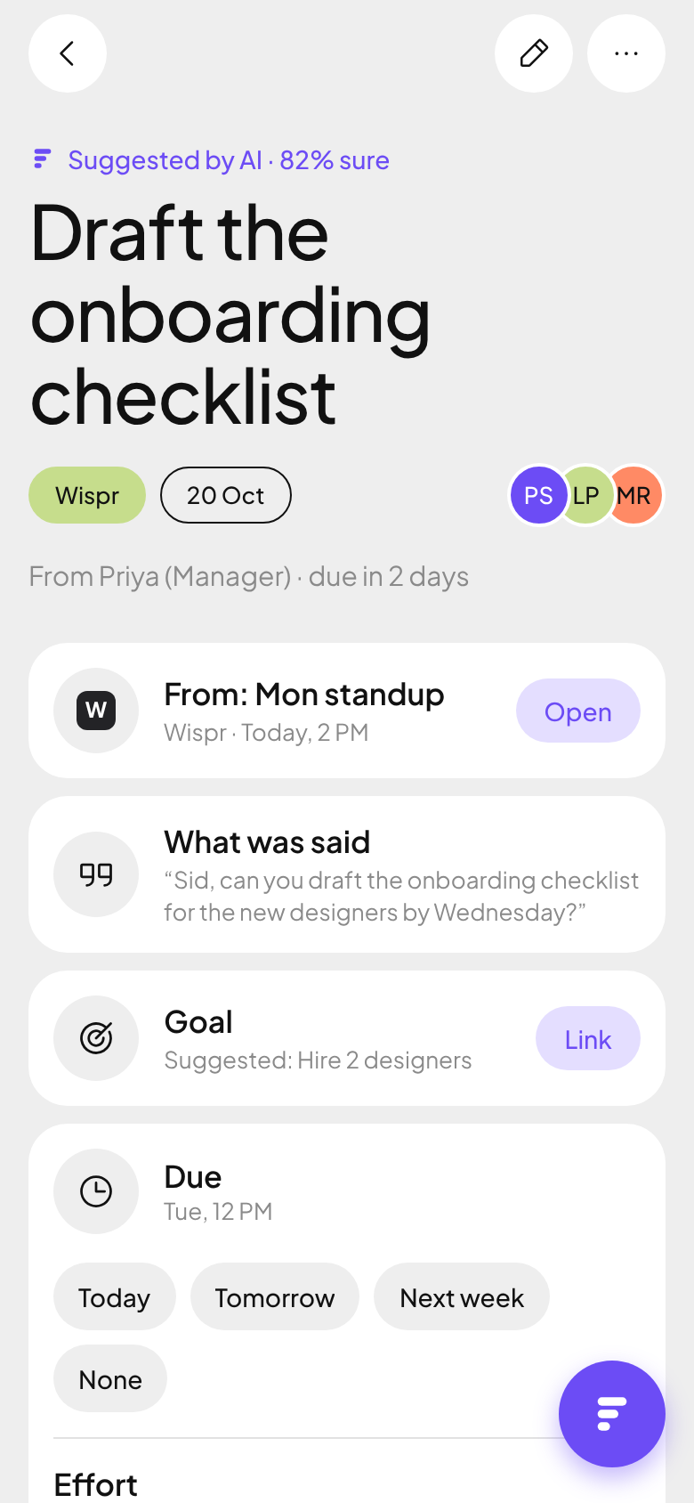 A suggested task, Draft the onboarding checklist, showing it came from Monday's standup in Wispr with the quote that created it.